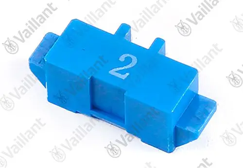 Blaue elektrische Brücke von Vaillant mit der Beschriftung "2", in kompakter Form, geeignet für den Einsatz in Klimaanlagen oder ähnlichen Anwendungen.